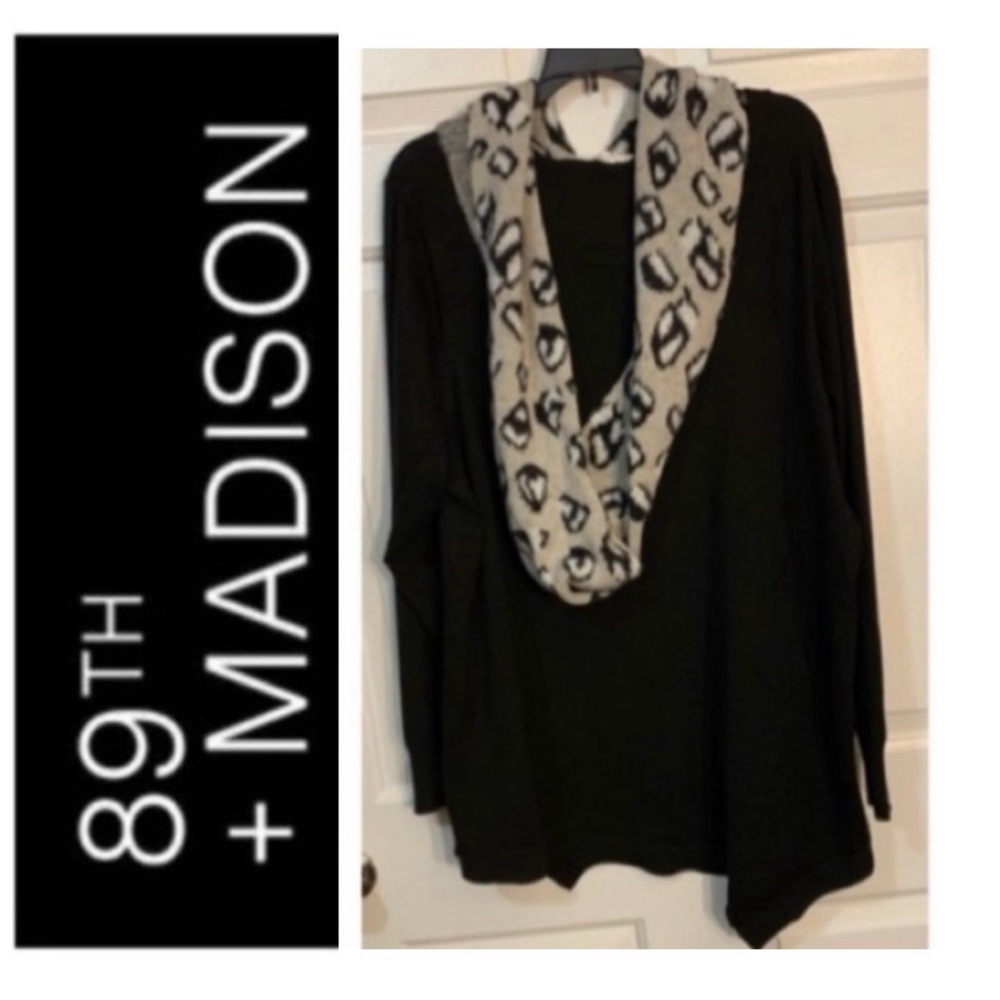 💛 🍀 89th + MADISON Black Asymmetric Hem Sweater Matching Geo Print Scarf NWT 2X